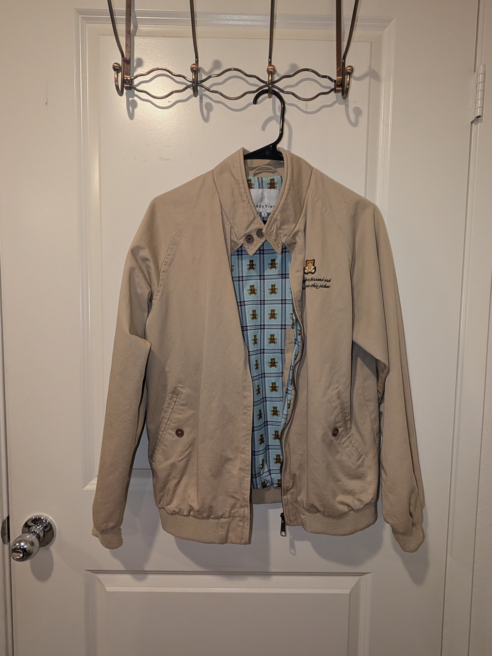 Teddy Fresh Beige Bomber Jacket with Blue Patterned Lining